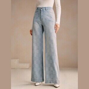 Light Wash Checkered Denim Rhinestone High Waist Wide Leg Jeans